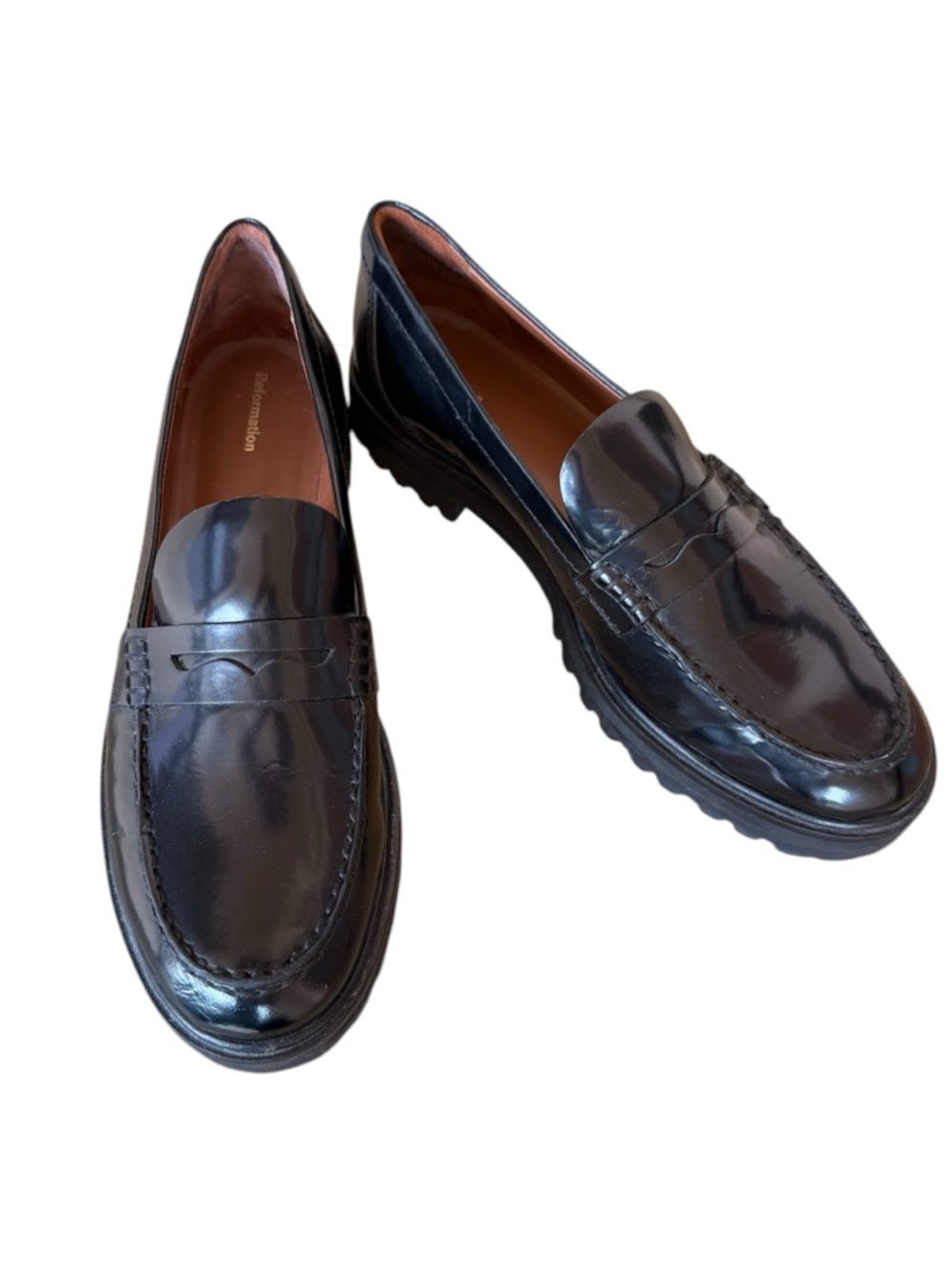 Reformation Agathea Lug Sole Loafers Black Leather Chunky Size 10.5